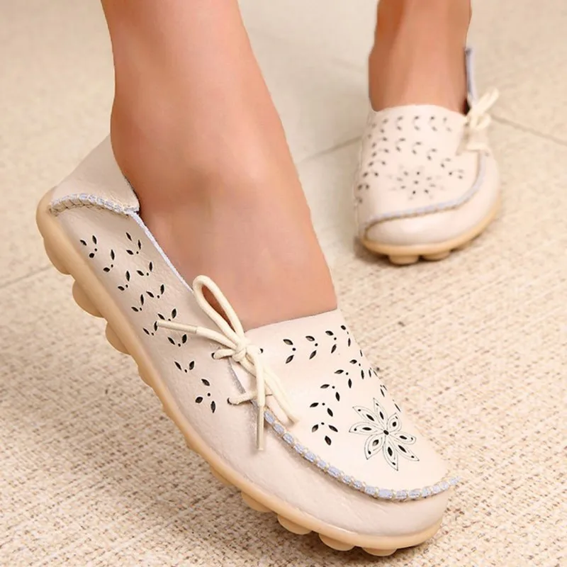 Genuine Leather Women Flats Fashion Casual Women Shoes Hollow Women\'s Shoes Slip On Flat Shoes Ballerina Plus Size Zapatos Mujer