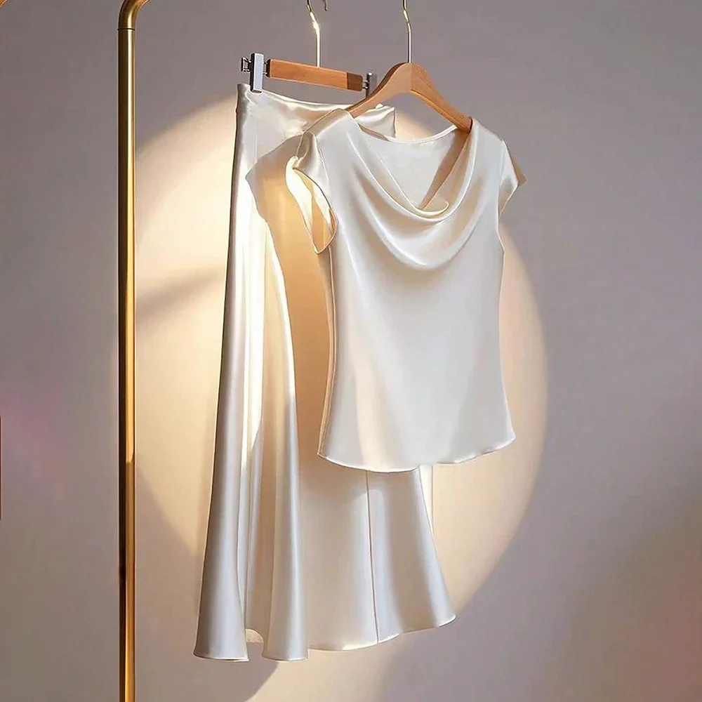 

Women's Summer Sets Elegant Sleeveless Cowl Neck Blouses A-Line Midi Skirt Office Lady Sets