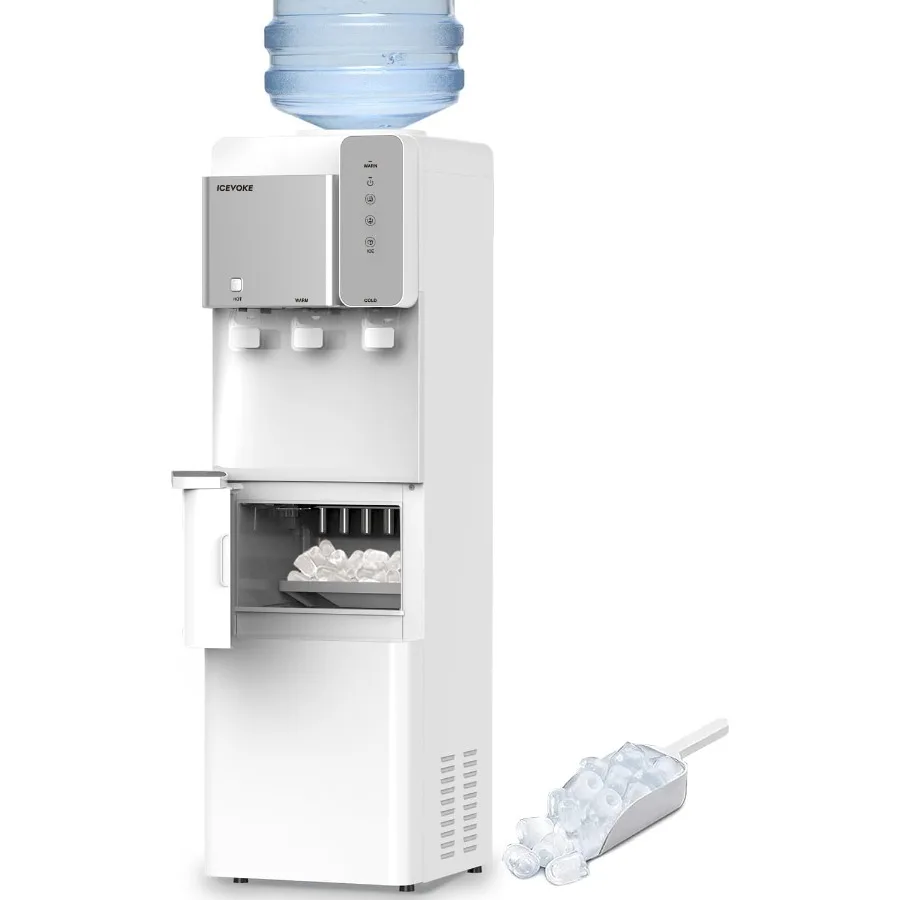 

Диспенсер-охладитель для воды 3 в 1 с устройством для изготовления льда с верхней загрузкой Диспенсер для льда и воды для бутылок объемом 5 галлонов Горячая и холодная вода 27 фунтов