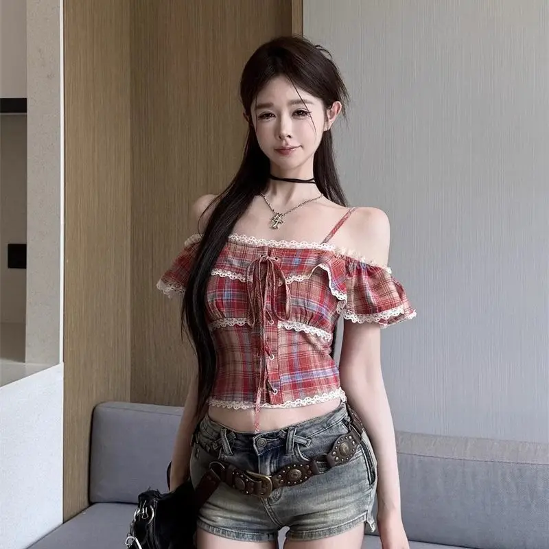 Women's Summer Red Plaid Shirt Elegant Off Shoulder Ruffle Top Unique Beautiful Camisole Lace Up Blouse Girly Sweet Lace Top