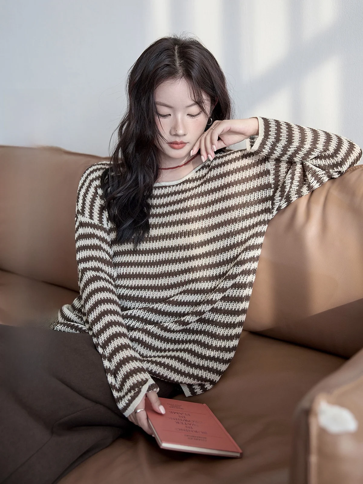 

HuiXi Women's Striped Hollow Knitwear Long Sleeve Loose Fit Autumn Winter New Style Korean Style round Neck Casual Top