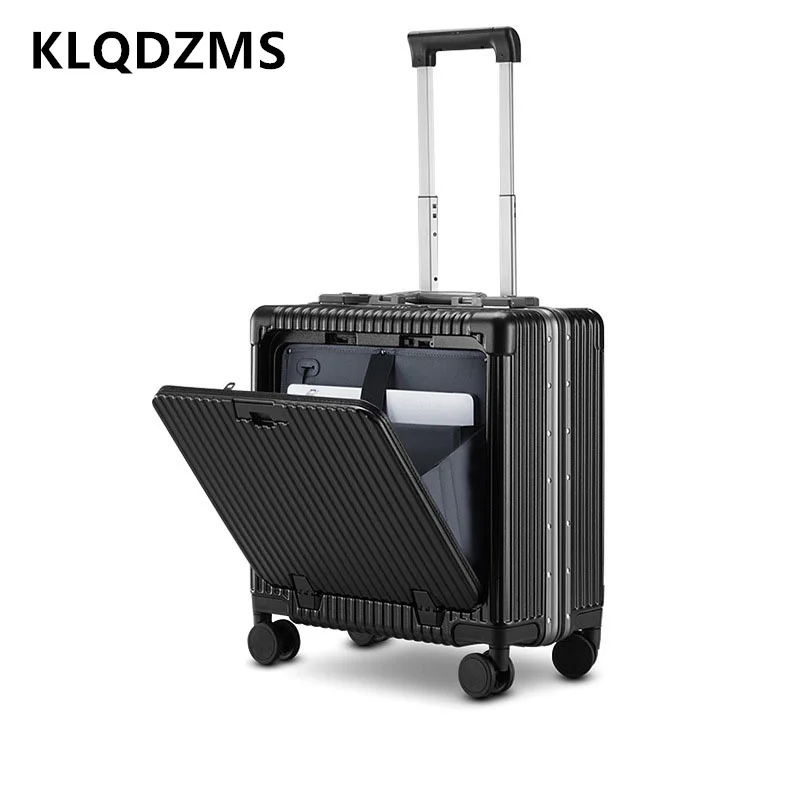 KLQDZMS Luggage Travel Bag Front Opening Laptop Boarding Case 18 Inch Aluminum Frame Trolley Case ABS+PC with Wheels Suitcase