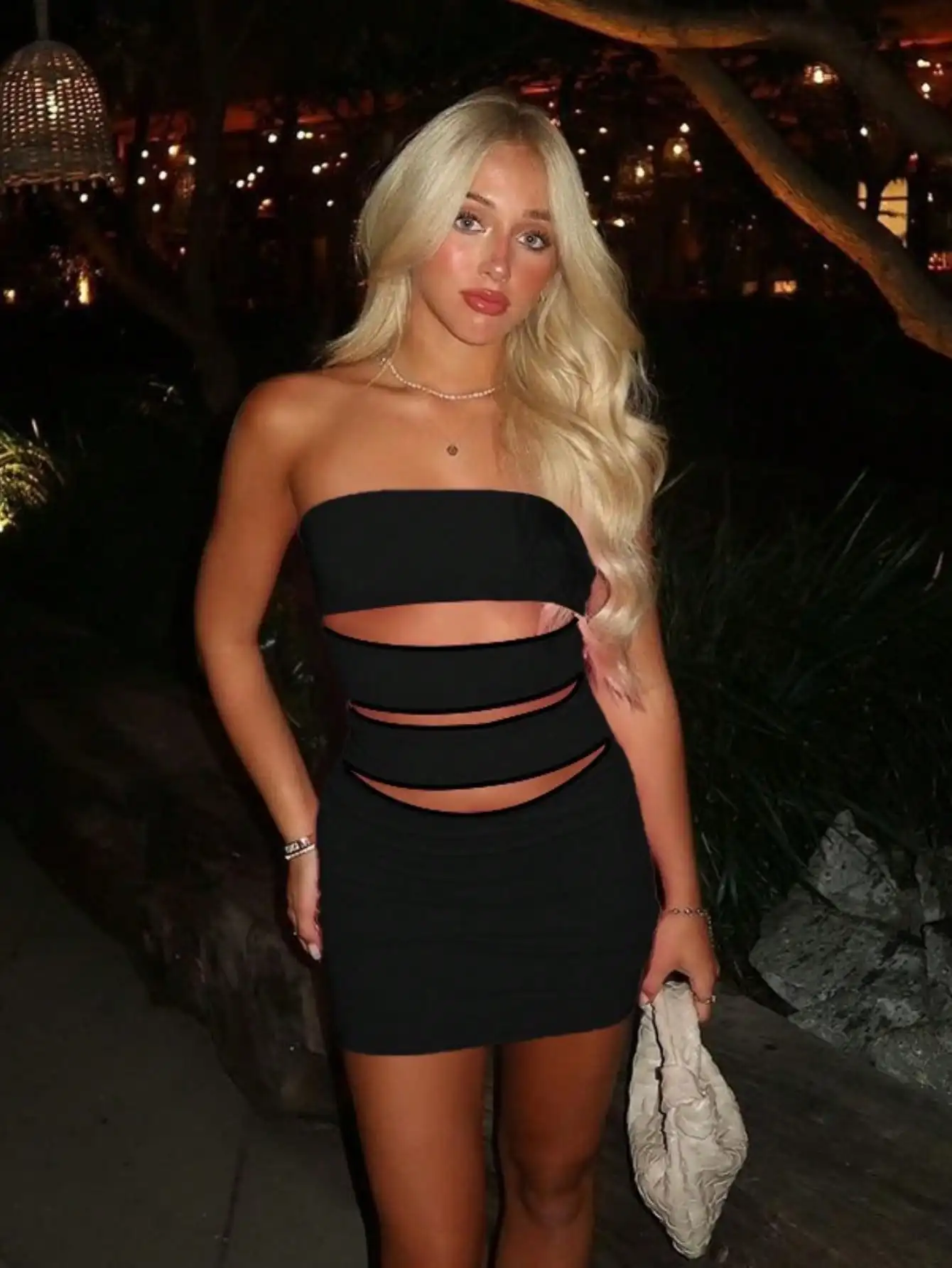 Mini abito a fascia aderente sexy da donna con dettagli ritagliati - Elegante abito da cocktail party in tinta unita