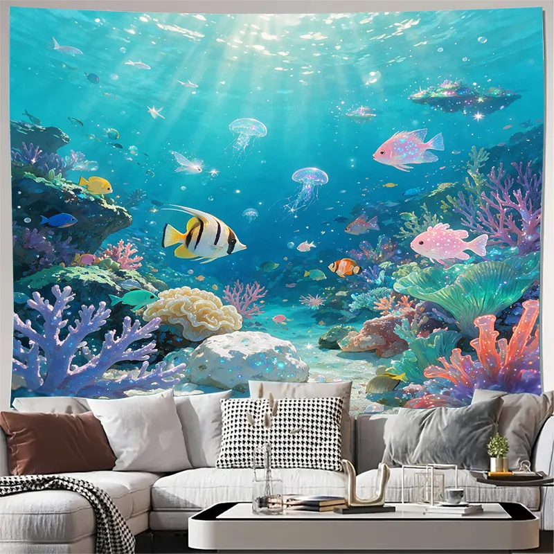 Nautical Underwater Ocean Reef Fish Print Curtain Shower Curtain Tropical Sea Life Window Decor Panel Filtered Sunlight Room Acc