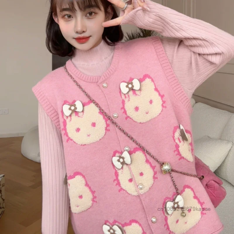 Sanrio Hello Kitty Cute Sweet 3D Bow Design Jacquard Knitted Vest Women Autumn Winter New Trend Loose Sweater Tank Top Cardigan