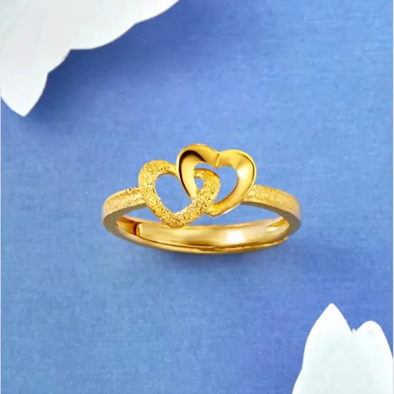 

Women's Jewelry AU999 24K Real Gold Double Heart Opening Ring Opening Adjustable Double Heart Ring