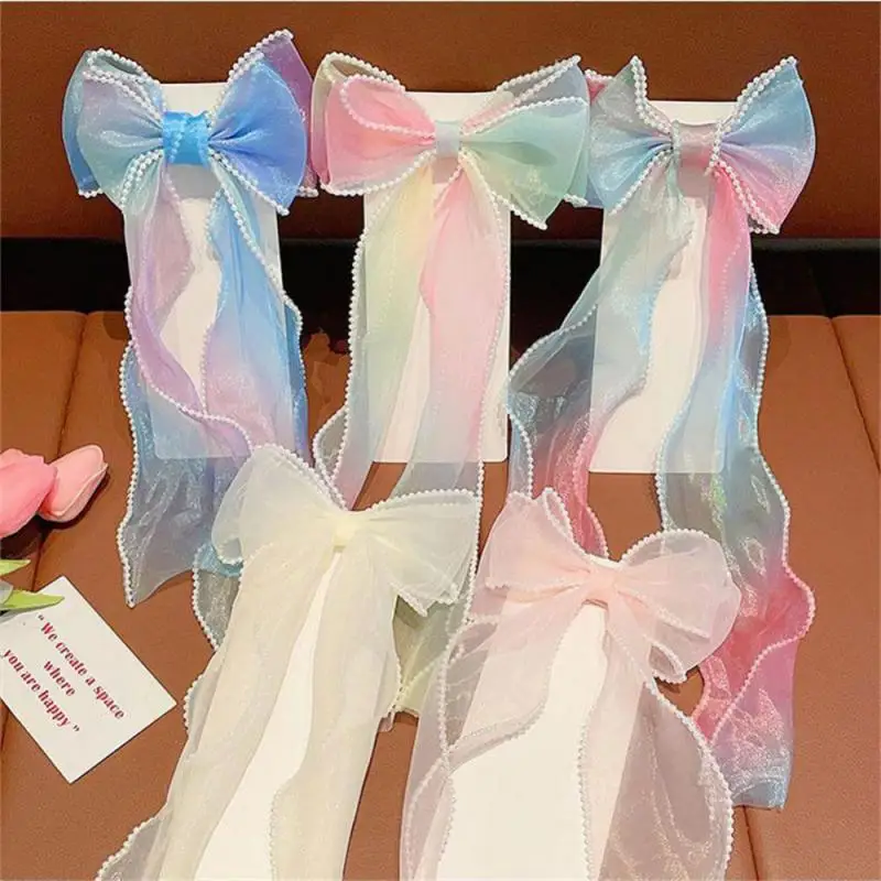 Pearl Organza Bow Tie Ribbon Hair Clip For Children Sweet New Style Braided Hair Versatile Ribbons Super Fairy Duckbill Clip