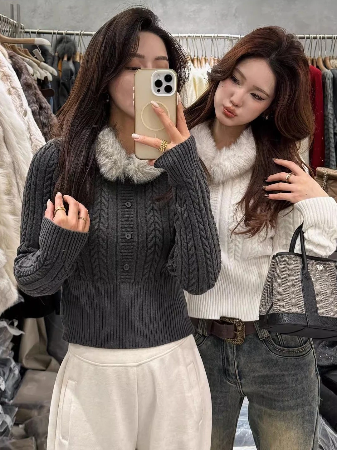 

Ретро-корейский женский трикотаж с меховым воротником, витым узором, облегающий, для ношения под одеждой, базовый слой, длинный рукав, круглый вырез, топ