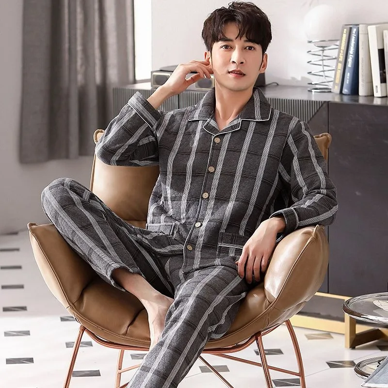 

2023 Autumn Winter Men Pajamas Long Sleeves Thickened Laminated Cotton Warm Sleepwear Set Middle-aged Elderly Plus-size Homewear