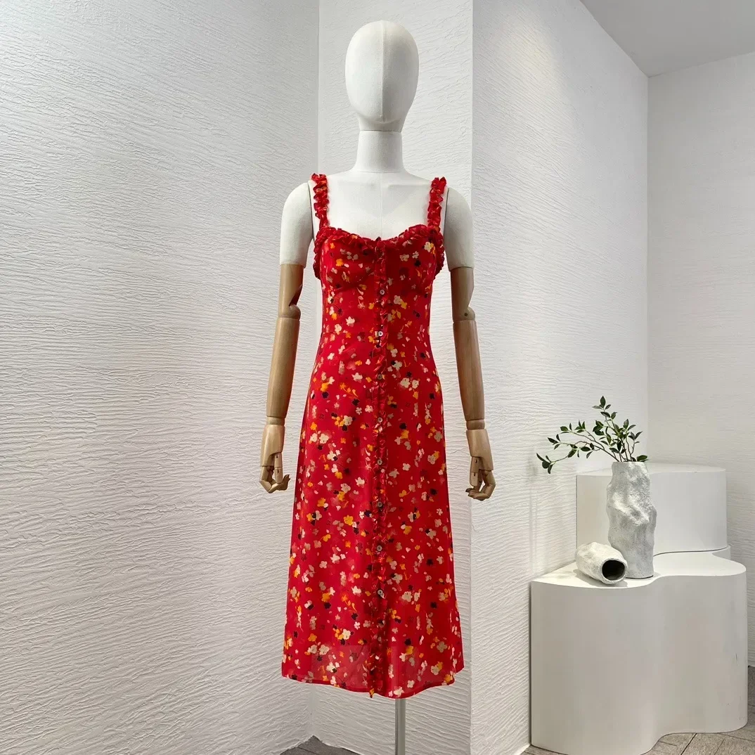 

2024 Silk Women Summer High Quality Red Floral Sleeveless Midi Dress Camisole Ruffles Sweetheart Neck Vintage Clothing