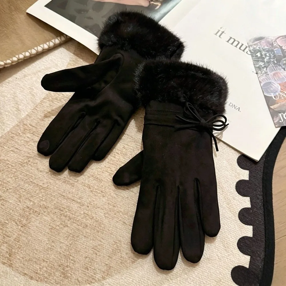 Comfortable Fleece Lined Faux Fur Gloves Bow Decoration One Size Fleece Lined Gloves Winter Thick Warm Gloves Outdoor Activities