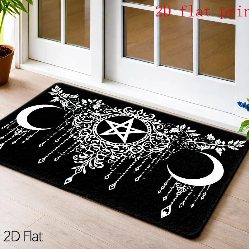2D Flat Printing Pentagram Moon Crescent Floor Mat, Gothic Ornate Painting Style, Mysterious Elegant Floor Decor for Halloween