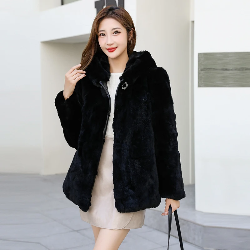 Winter Women\'s Real Fur Coat Loose Top Rabbit Fur Jacket Hood Women Clothing Fluffy Furry Natural Fur Jackets With Pockets Parka