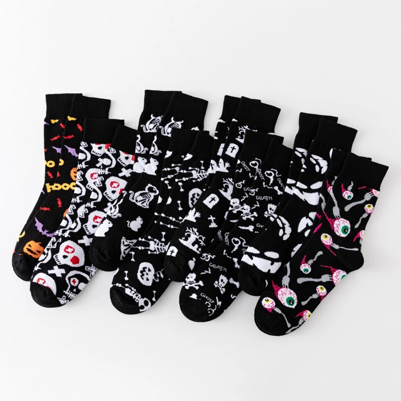 1/8 Paar Unisex-Halloween-bedruckte Mid-Tube-Socken, modischer Totenkopf-Kürbis, schweißabsorbierend, atmungsaktiv, für alle Jahreszeiten, Freizeitsocken – Detail 4