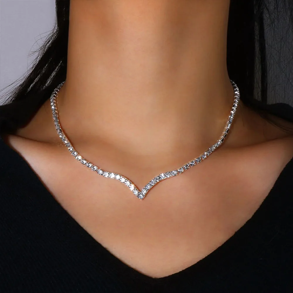 V Shape Silver Rhinestone Bridal Necklace for Women Crystal Wedding Jewelry Choker Necklace Accessories Formal Prom Party