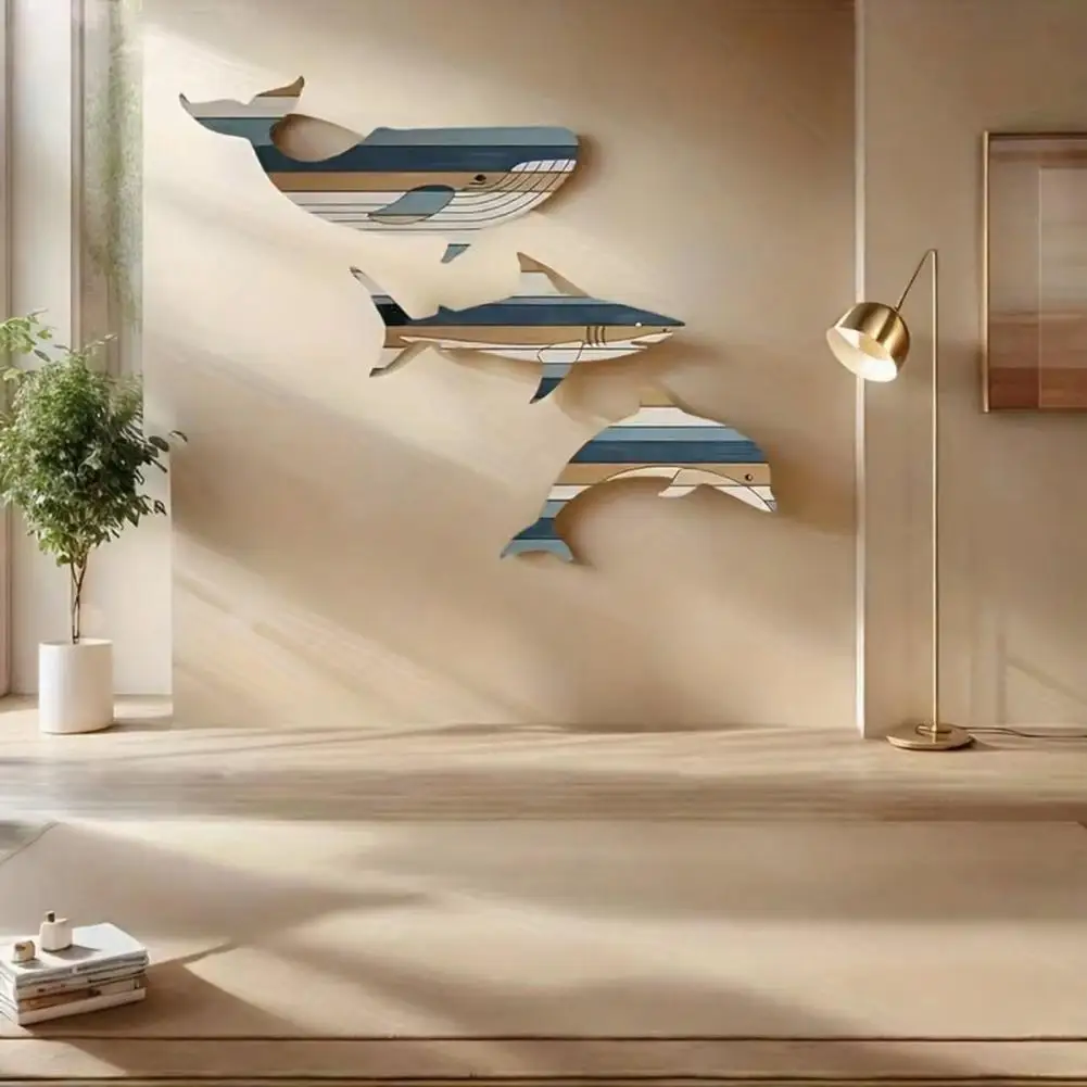 Rustic Wall Hangings Wood Fish Wall Art 3 Pcs Wooden Fish Wall Decor Set Rustic Whale Shark Dolphin Sculptures for Bathroom