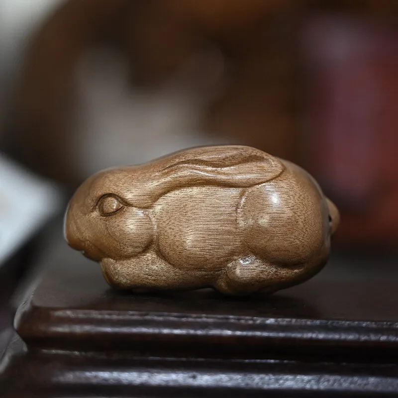 Golden Silk Nanmu Carved Rabbit Zodiac Wenwan Handle Piece Solid Wood Tea Pet Ornament Collectible Gift