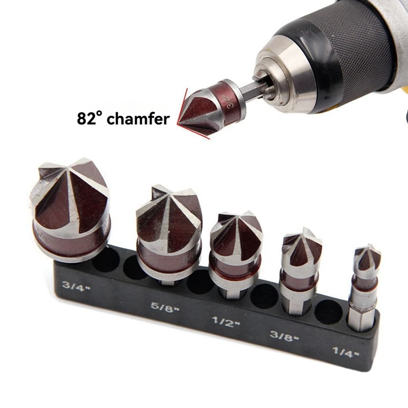 AC88 5 Pcs M35 Cobalt Countersink Drill Bit Set, 82° 1/4 Inch Hex Shank, 1/4 3/8 1/2 5/8 3/4 Inch, for Metal Wood, Woodworking