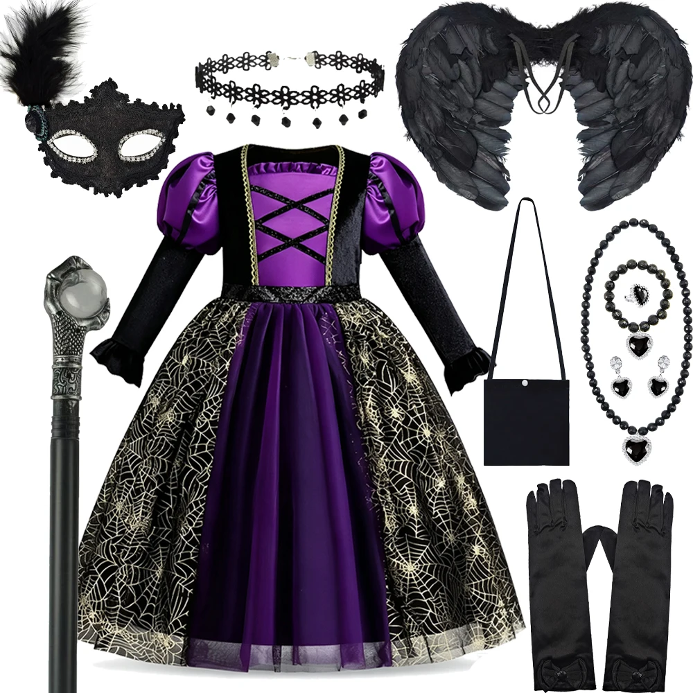 Halloween-Hexenkostüm für Mädchen, schwarzes, lila, langes Kleid mit langen Ärmeln, für Kinder im Alter von 2-10 Jahren, Karneval, Maskerade, Bühnen-Cosplay, Partykleid – Detail 10