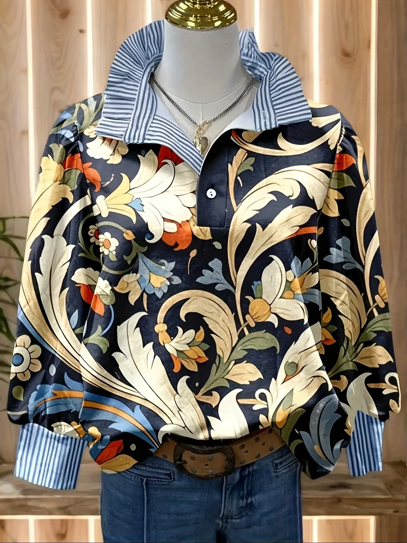 2026Ladies' Spring and Autumn Winter New Stand up Collar Shirt Christmas Long Sleeve, Creative Printed Holiday Travel Essential,