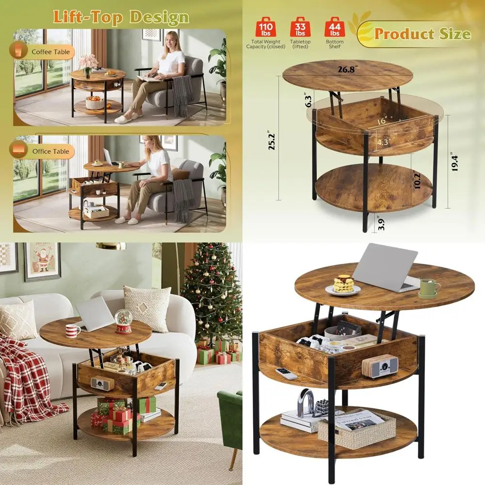 Farmhouse Style Lift Top Coffee Table with Storage and Hidden Drawer, 2-Tier Small Table for Living Space and Home Office, Rusti