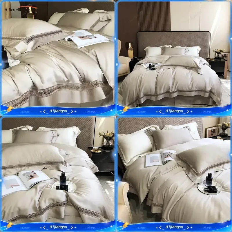 1000TC Egyptian Cotton Bedding Set Luxury Hollow Lace Duvet Cover Flat Fitted Sheet Pillowcases Soft Cozy Home Textile