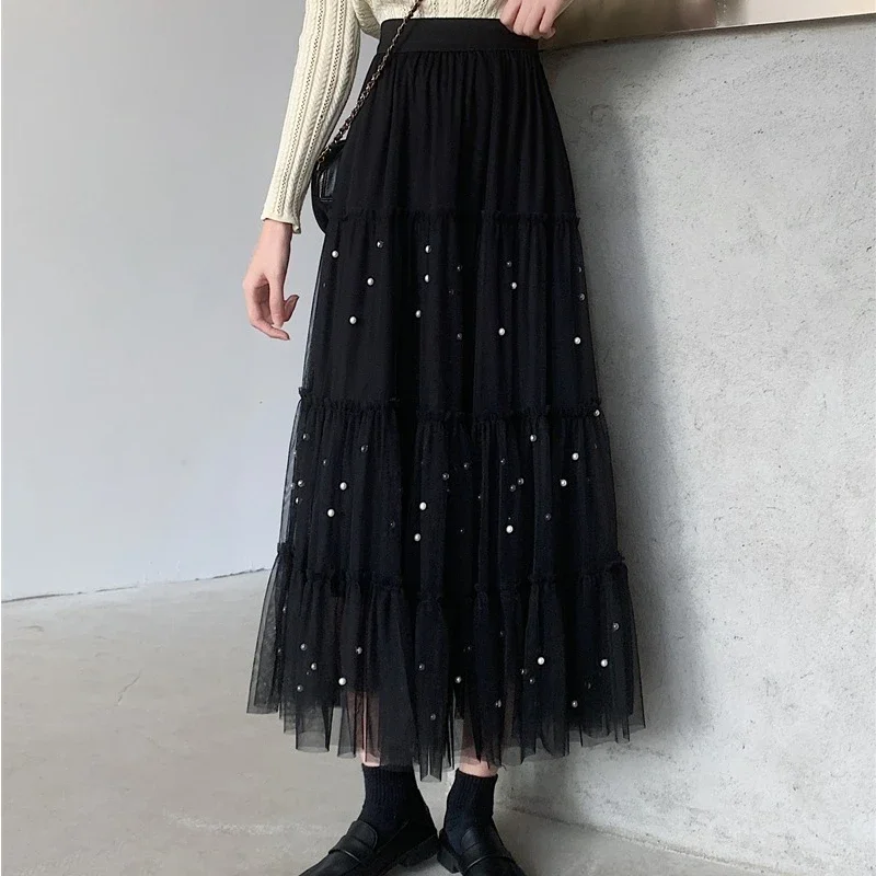 New Arrival Tulle Skirts Women High Waist A-line Spring and Summer Lace Gauze Skirts Office Lady Ankle-length Mesh Skirts Female