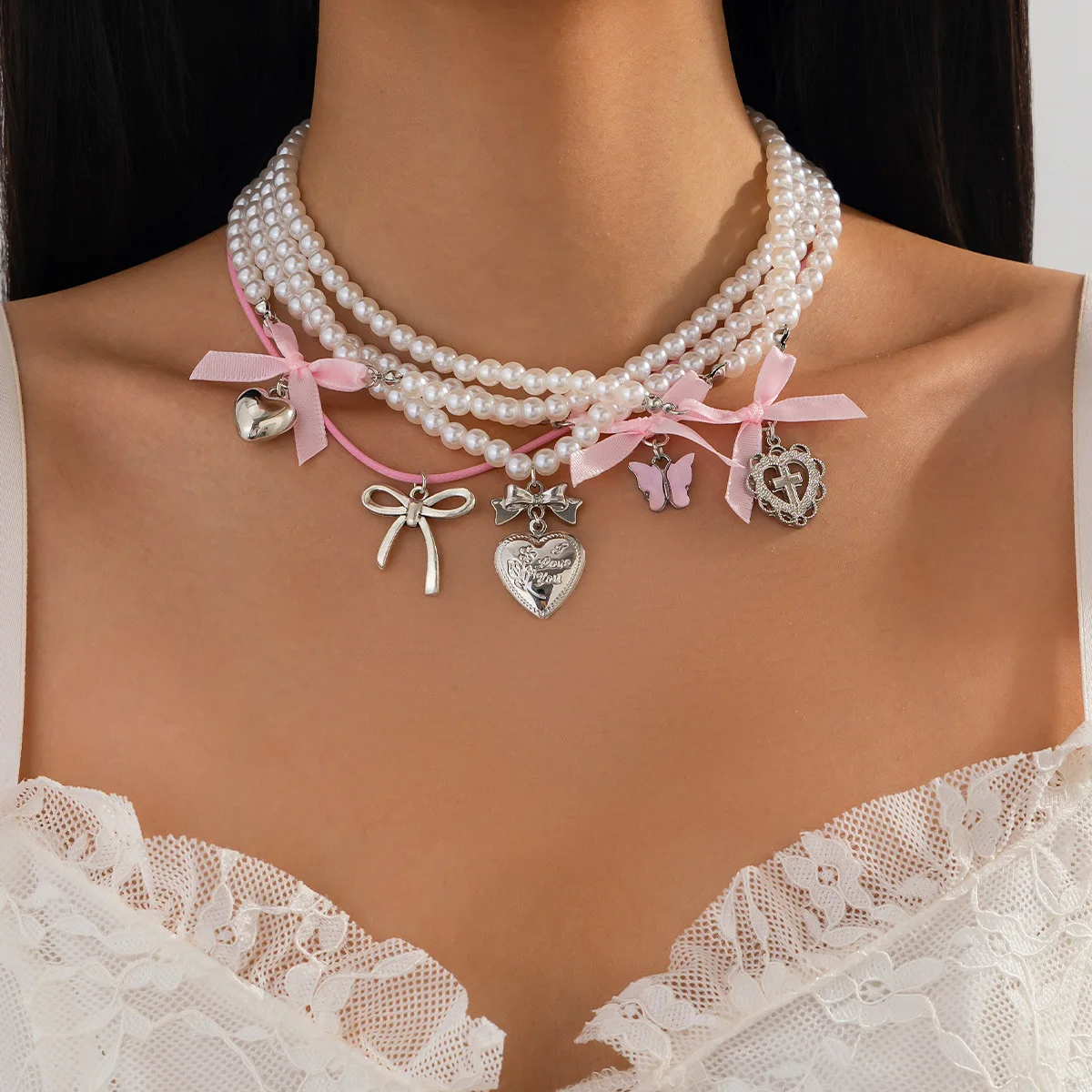 Necklace Heart Butterfly Bow Faux Pearl with Gold Tone Adjustable Chain for Women Stackable Daily Wear Cute Charm Necklaces