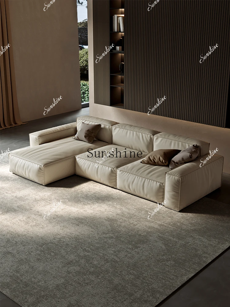 Tofu block sofa living room leather first layer cowhide straight row small apartment square simple and modern  FT