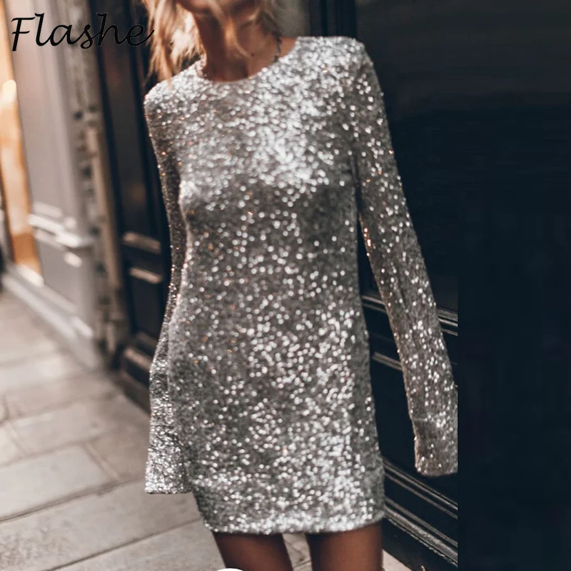 

Autumn Party Dress Women O Neck Sequins Design Long Sleeve Bodycon Dresses For Women Casual Mini Club Dress