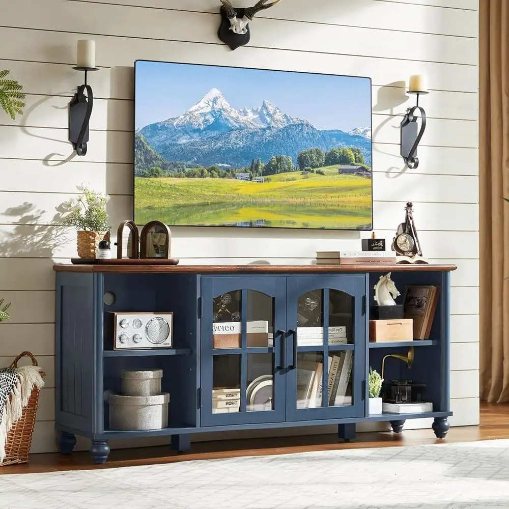 60 Inch TV Stand, Wooden Entertainment Center with Glass Door Cabinet and Adjustable Shelves for Living Room or Bedroom, Blue
