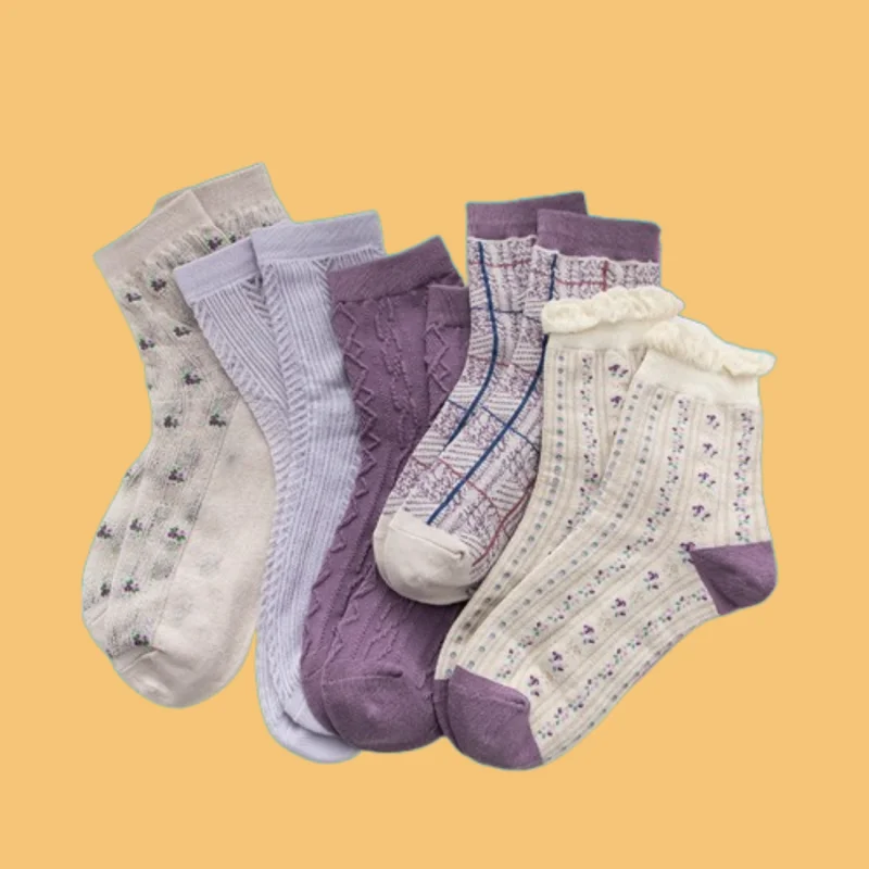 2/4 Pairs Women's Autumn and Winter Socks Purple Socks Korean Version Mid-Tube Socks Dark Pattern Socks Lace Socks Fashion Socks