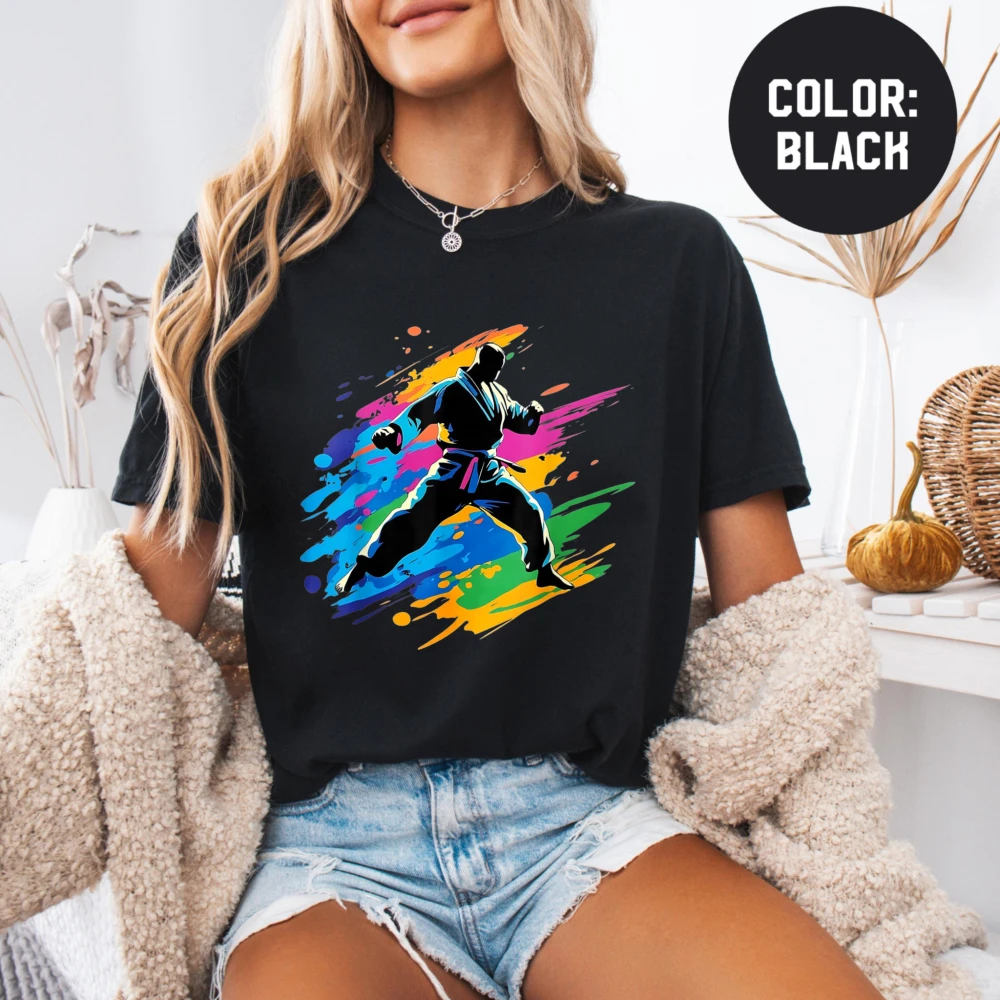 Karate Fighter Cotton T Shirt Unisex Tee Color Splash Martial Arts Casual Top Soft Cotton Shirt for Combat Sport Supporters Gift