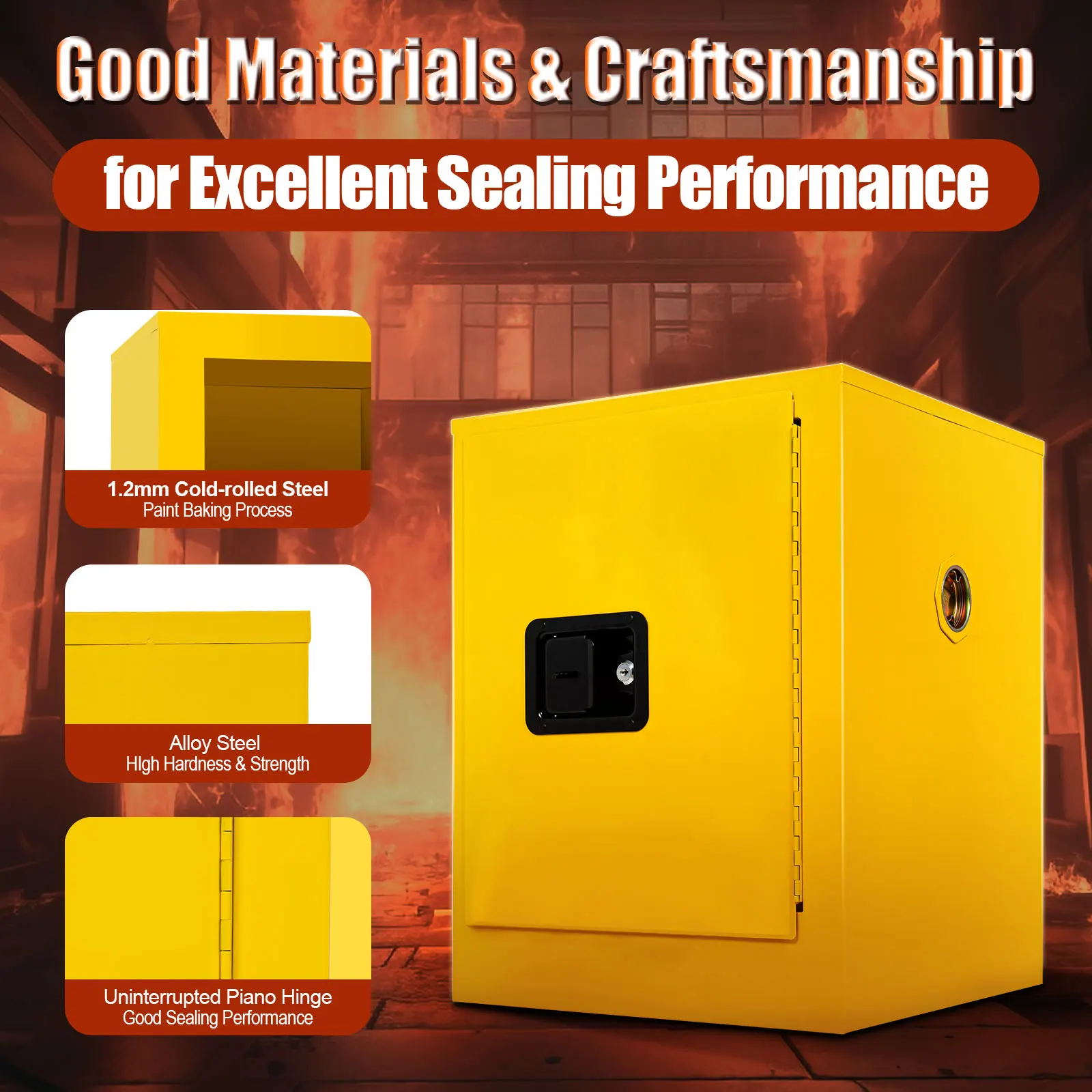 Safety Cabinet for Flammable Materials Yellow Cold Rolled Steel Free Standing No Assembly Rectangular Modern