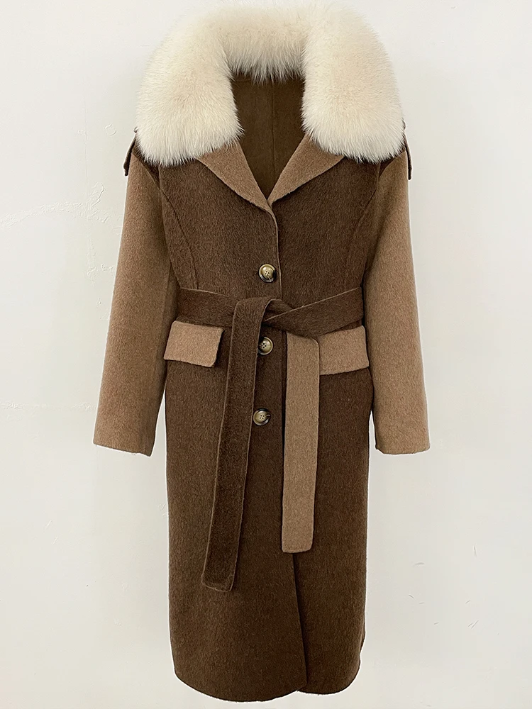 2025 nova moda outono inverno roupas femininas real pele de raposa jaqueta de lã feminino longo retalhos dupla face casaco de caxemira de lã