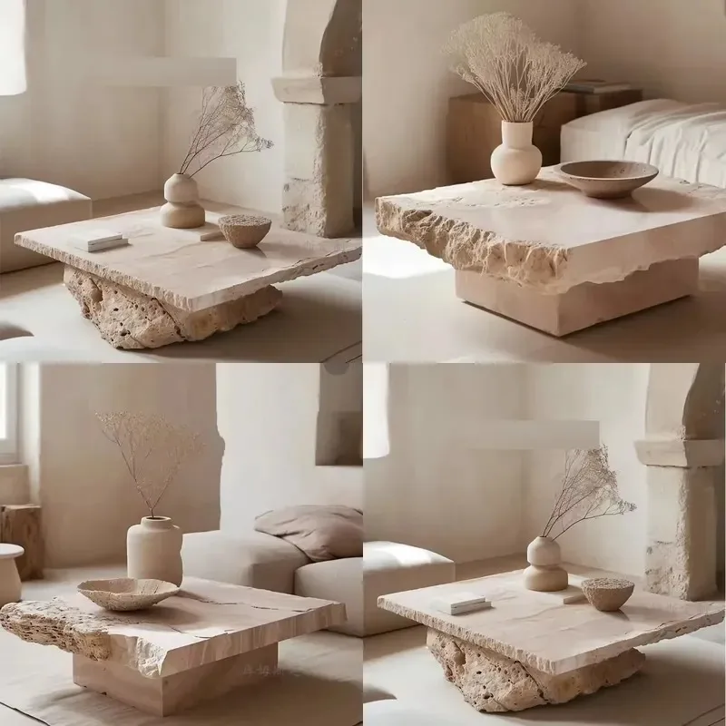 Natural Modern Square Coffee Table Handmade Durable Stone Side Table with Antique Effect for Living Room Home Furniture Decor