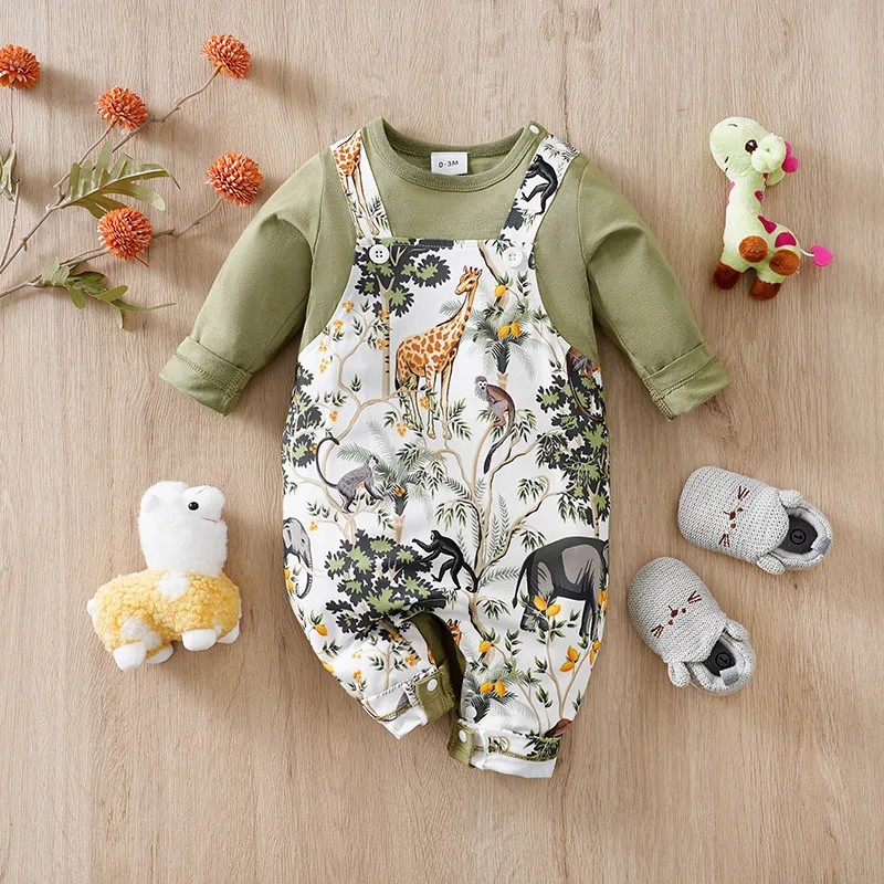 Newborn Clothes Forest Animal Print Casual Comfortable Soft 0-18 Boys And Girls Spring And Autumn Long Sleeved Baby Jumpsuit