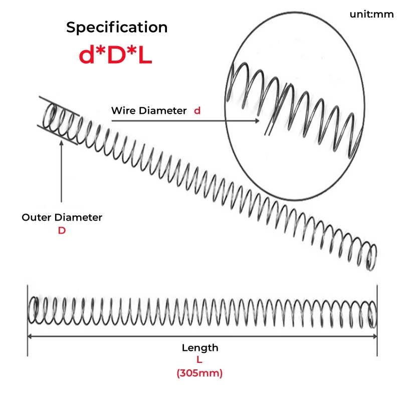 304 Stainless Steel Long Compression Spring Wire Diameter 0.3~1.2mm Outer Diameter 3~16mm Y-Shaped Pressure Springs Length 305mm