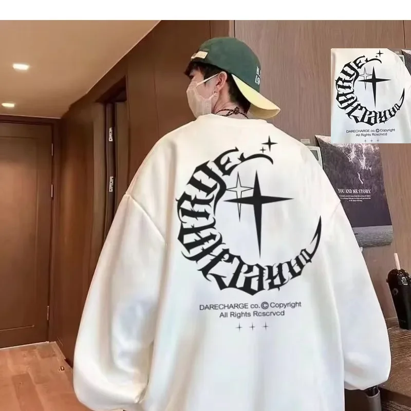 S-3XL Autumn Men Oversized Sweatshirts Fashion Loose American Moon And Stars Print Long Sleeve Plus Velvet Couple Clothes