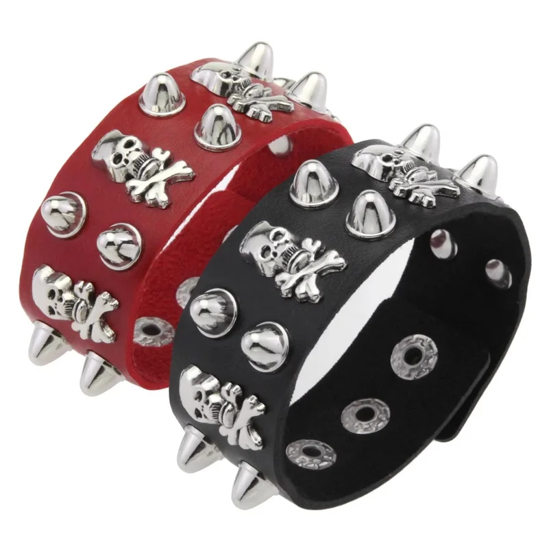 Wide PU Leather Skull Bracelet Punk Bracelet Adjustable Goth Cuff Bracelet Gothic Rivet Buckle Wristband For Women Men Jewelry