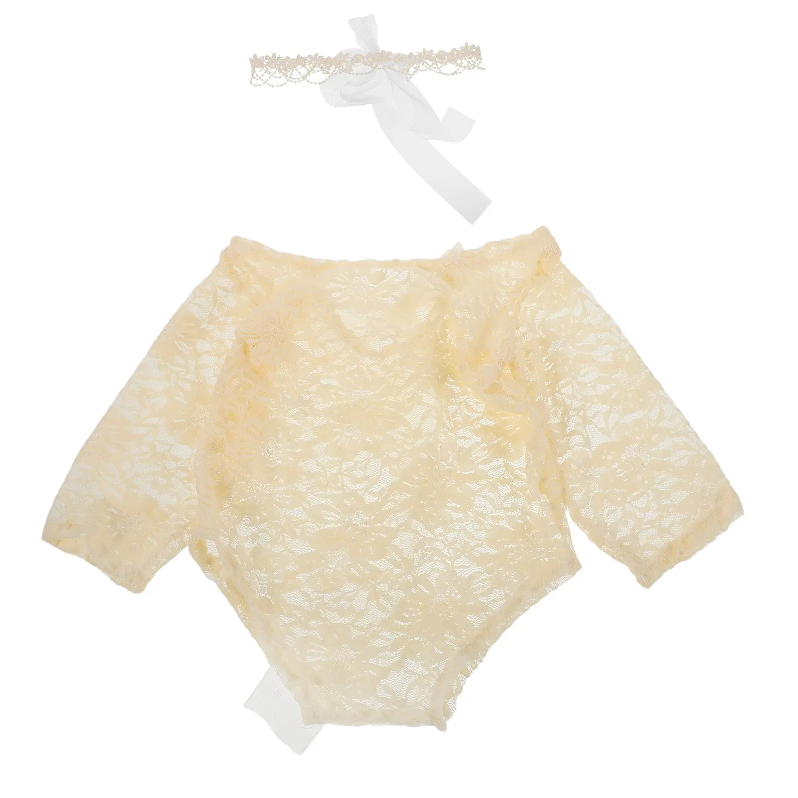 1Set Lace Newborn Outfit for Girls Romper Set with Elegant Bow Tie and Wheat Motif Headband Ideal for 1 Month Hundred Day Photo