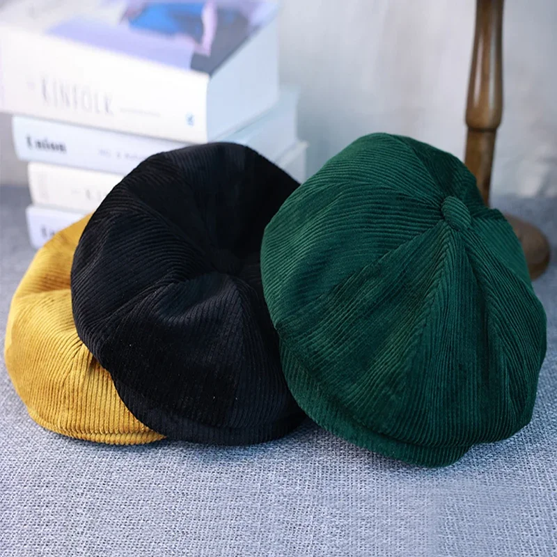 Plus Size 60 cm achteckige Cordkappe für Herren, trendige Marke, britische Zeitungsjungenmütze, Vintage-All-Match-Baskenmütze für Herren und Damen