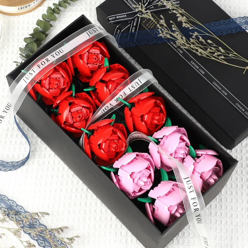 Rosa blocos de construção plantas paz e esperança jardins modelo clássico tijolos crianças conjunto kits brinquedo diy presente do dia dos namorados vermelho azul rosa