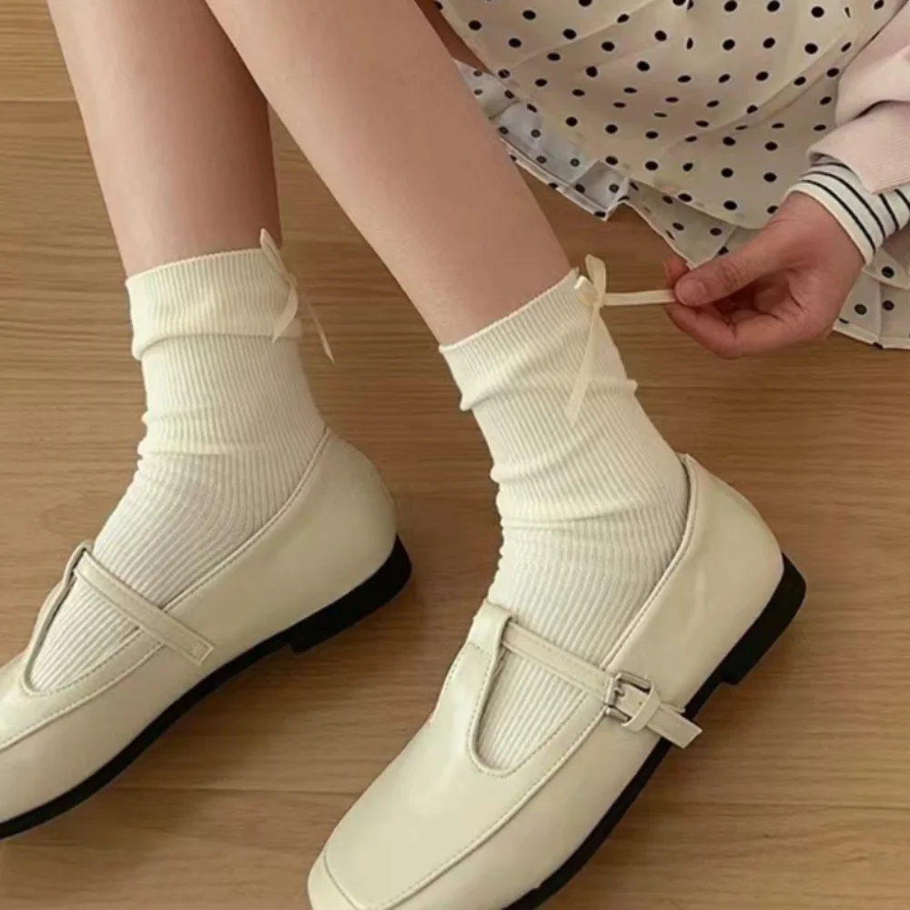 1 Pair Solid Color Bowknot Cotton Socks Cute Lolita Style Breathable Ballet Bow Socks Preppy Style Retro School