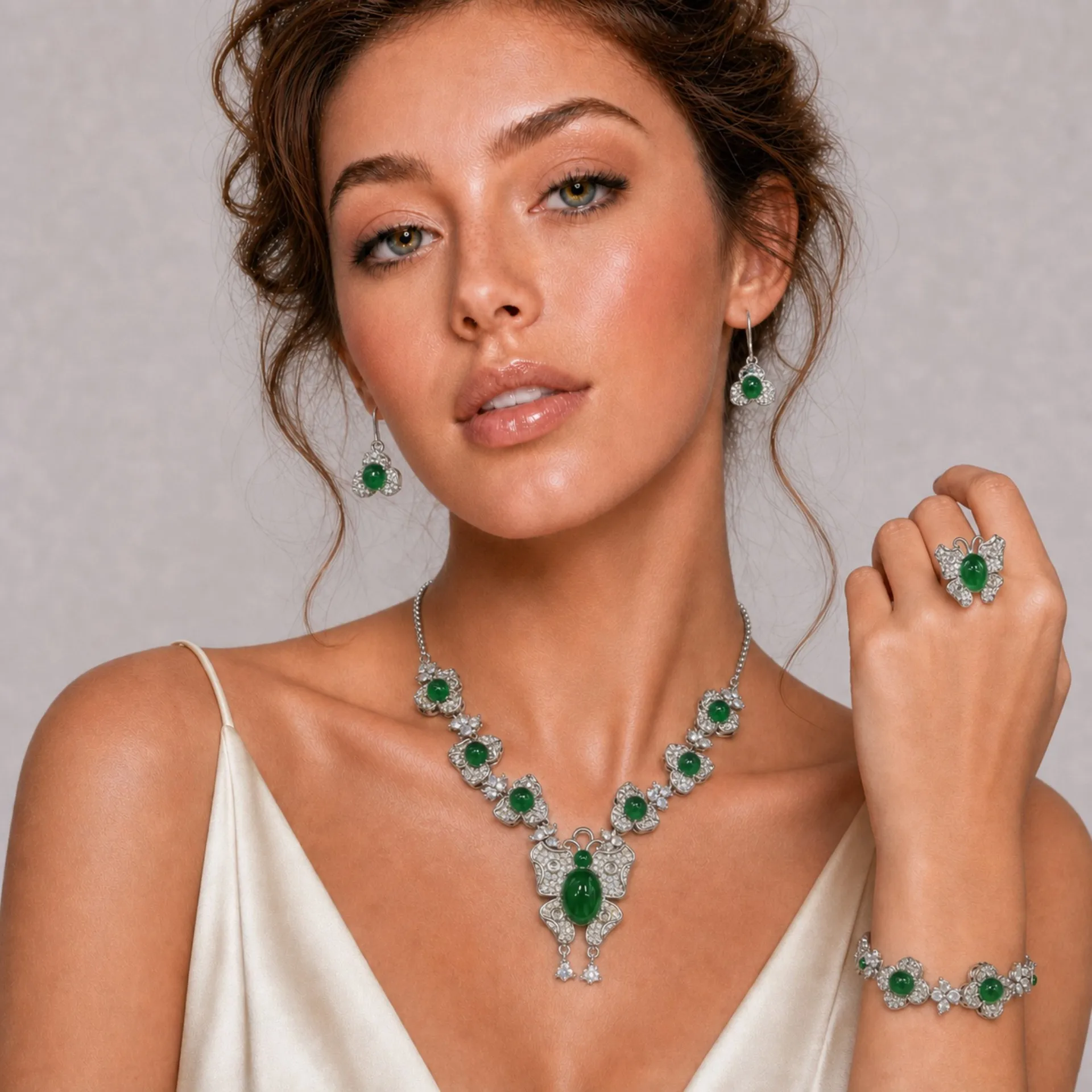 Luxury 4Pcs Butterfly Floral Jewelry Set Green Chalcedony Copper Zircon Necklace Earrings Bracelet Ring Women