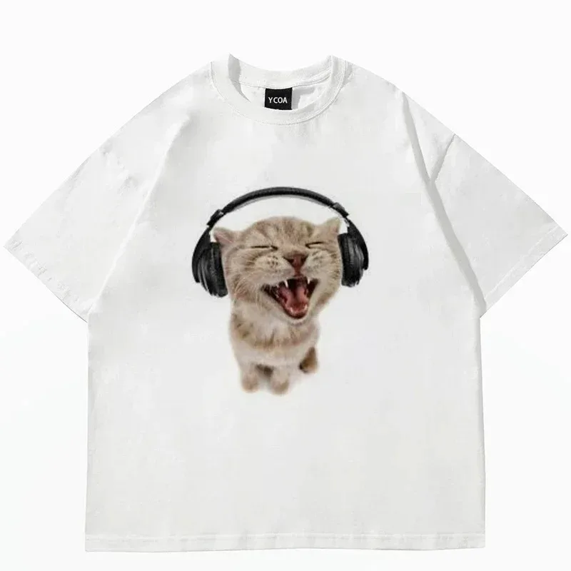 2024 Top Women's Cute Cat Printed Short Sleeve T-shirt Women's Harajuku Fashion Couple Loose Street Style Y2K Clothing