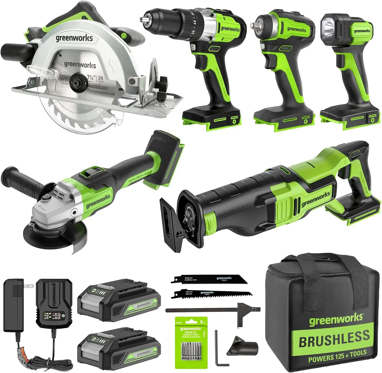 

24V 6-pcs Brushless Combo Kits: Hammer Drill,Impact Driver,Angle Grinder 200LM Flashlight,Circular Saw&Compact Reciprocating Saw