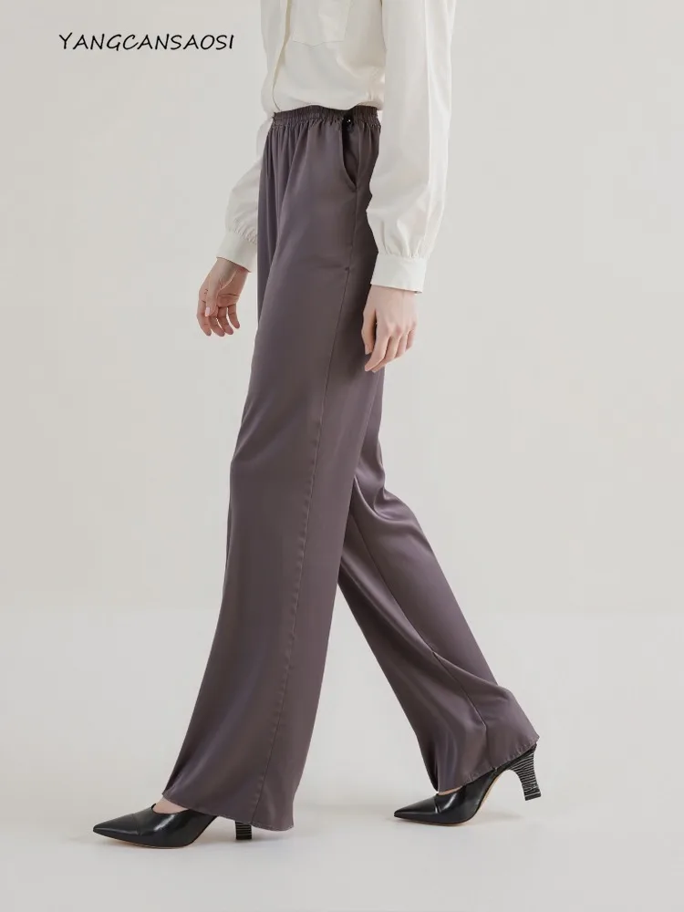 2025 Frauen Herbst Neue Schwere 100 % Natürliche Maulbeerseide Satin Tiefgrau Elastische Taille Tasche Design Beiläufige Gerade Hosen