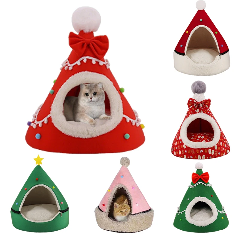 

Festive Cat Bed Christmas Tree Design Semi Open Warm Plush Detachable Washable Bed for Indoor Cats Small Dogs Winter Sleep Cave