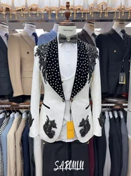 On Sale Luxurious Shawl Lapel Men's Suit Customized Jacquard Popular Beading Crystals Jacket Pants Vest Groom Wear Four Seasons